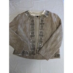 Lafayette 148 New York Tweed Embellished Mirror Sequin Jacket Champagne Size 8